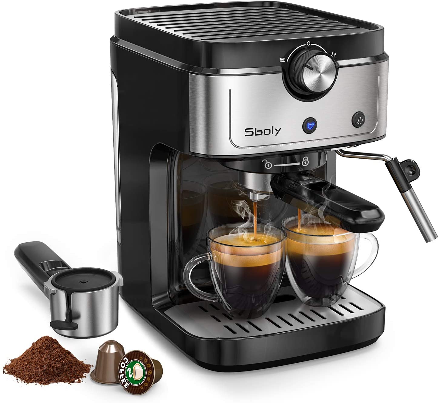 Sboly : machine café Expresso à capsules et café moulu plus Cappuccino